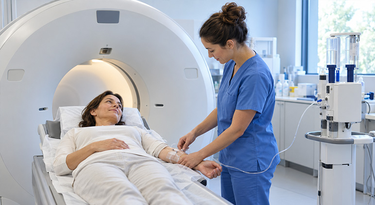 préparation d’une patiente pour un scanner avec injection, dans une ambiance rassurante